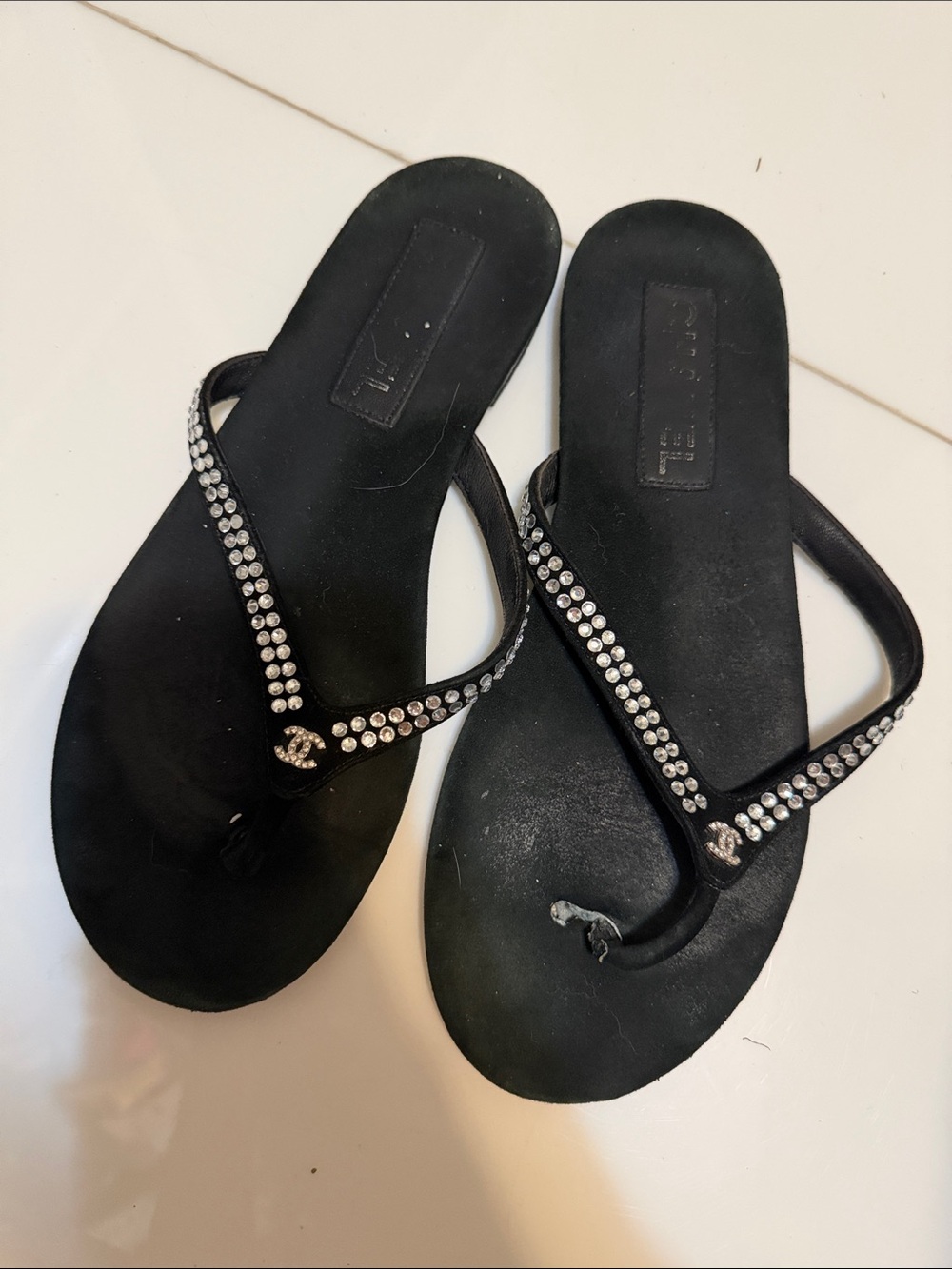Chanel flip flops rhinestone detail 38 suede
